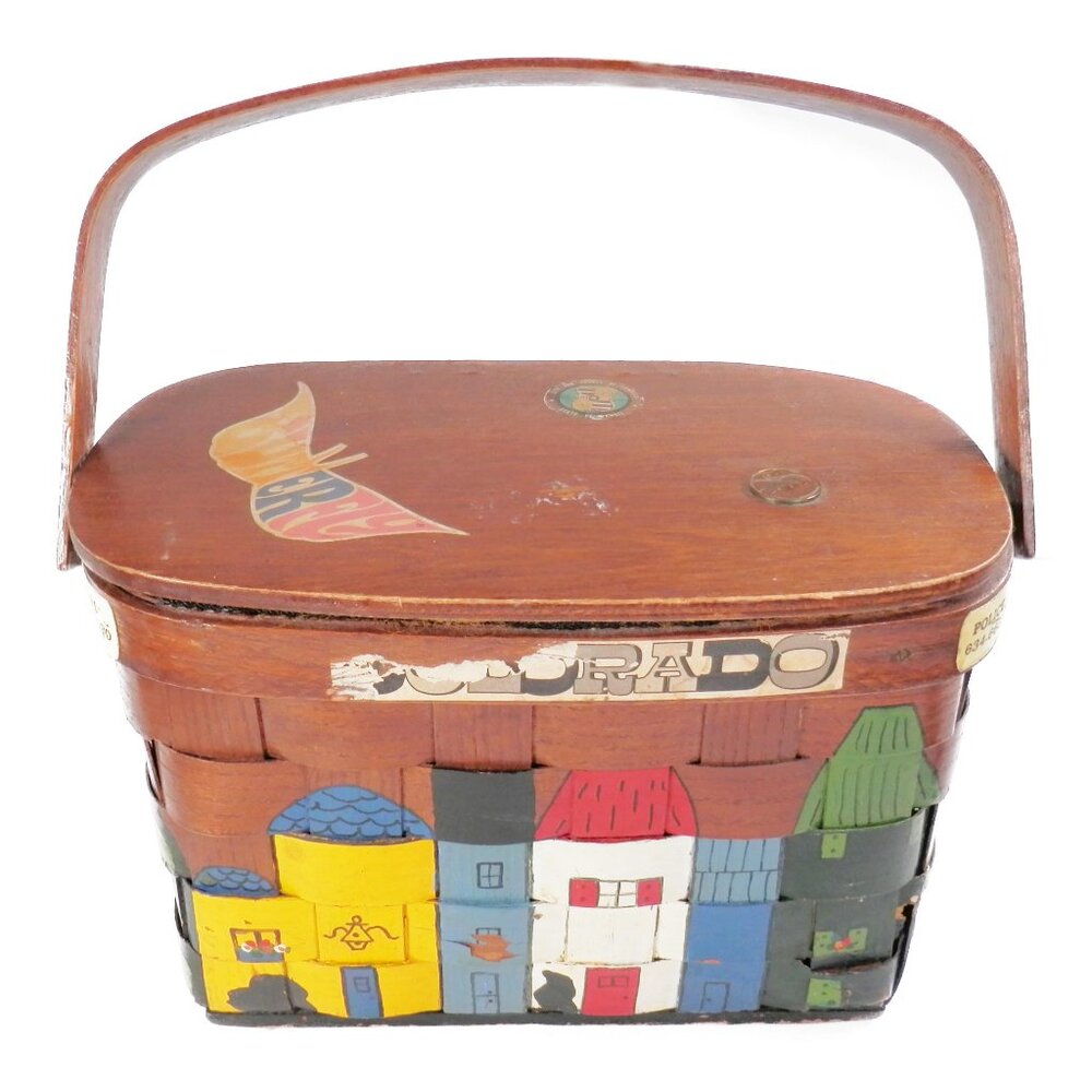 Vintage 70s Caro Nan Hand Painted Basket Purse Penny Butterfly Colorado 6" x 9"